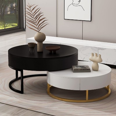 HARMAN Modern Design Round Lift-top Nesting Coffee Table with 2 Drawers for Living Room - Maison Boucle