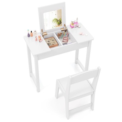 Tangkula Kids Vanity Table & Chair Set 2-in-1 Princess Makeup Dressing Desk Set