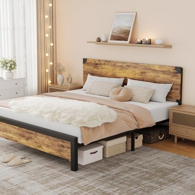 Full/Queen/King Size Bed Frame with Wood Headboard, Platform Bed Frame with Under Bed Storage and Metal Legs, Noise Free, No Box Spring Needed