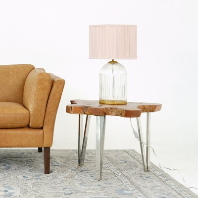Nordic Solid-Wood Table Lamp – Gold, Clear & Pink Glass, 110–120V Plug-In Eye-Care Bedside/Study Light
