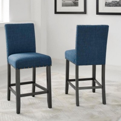 Linen Fabric Upholstered Counter Bar Stool Set Of 2,Counter Height Kitchen Chairs With Nailhead Trim,Wood Counter Dining Chairs-Cuddlewood