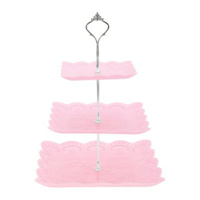 Unique Bargains 3 Tier Dessert Cupcake Stand Square with Tiered Serving Tray for Donuts Fruits Pink Silver Tone