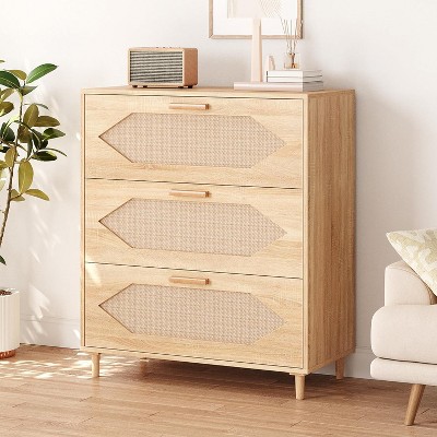 3 Drawer Rattan Dresser, Modern Wood Chest of Drawers, Storage Cabinet for Bedroom, Living Room, Hallway, Entryway, Easy Assembly, Natural