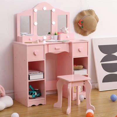 Kids Vanity Table and Chair Set, Girls Vanity with Tri-Folding Mirror, Light, Stool & Drawer, 2 in 1 Wooden Princess Makeup Desk