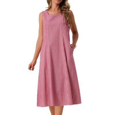 INSPIRE CHIC Women's Summer Plaid Sleeveless Square Neck Babydoll Casual with Pockets Midi Dress