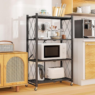 SUGIFT Foldable Storage Shelves with Wheels Heavy Duty Metal Rack 4 Tier or 5 Tier Rolling Organizer for Garage Kitchen Office No Assembly
