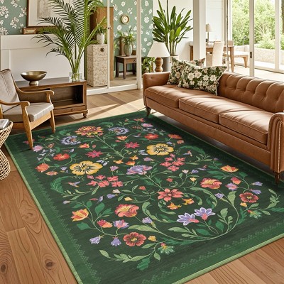 Area Rugs for Living Room Bedroom Washable Floral Rug Soft Non Slip Low Pile Throw Rug Home Decor