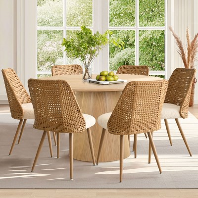 Rattan Dining Chair Set Of 6,Boucle Upholstered Dining Chair With Oak Metal Legs For Kitchen,Dining Room,Living Room,Farmhouse-Tanpinhause