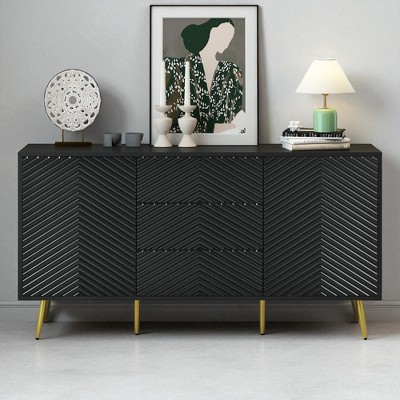 Sideboard Buffet Cabinet with Geometric Line Doors, 3 Central Drawers, 2 Storage Cabinets, Conical Metal Legs, Cabinet for Kitchen, Dining Room