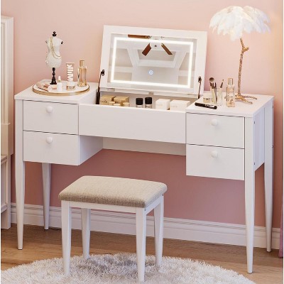 47" Makeup Vanity Desk with Flip Top Mirror and Lights, Dresser LED Mirror with 3 Color Modes Adjustable, Vanity Table Set with Chair and 5 Drawers