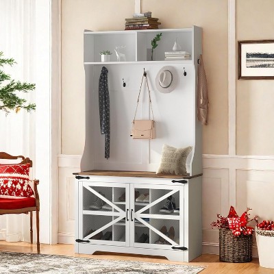 Hall Tree with Shoe Storage, 4-in-1 Entryway Coat Rack with 7 Shoe Cubbies, 7 Hooks & Bench, Farmhouse Mudroom Storage Cabinet for Hallway