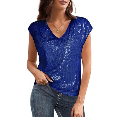 Women's V Neck Sequin Party Top Short Sleeve Shimmer Clubwear Tee