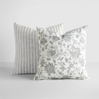 2-Pack Yarn-Dyed Patterns Gray Throw Pillows in Yarn-Dyed Bengal Stripe & Jacobean - Becky Cameorn, Gray Yarn-Dyed Bengal Stripe / Jacobean, 20 x 20