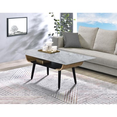 HOMLUX Modern Rectangular Sofa Coffee Table Faux Marble Top Accent Cocktail Table W/Open Storage Compartment