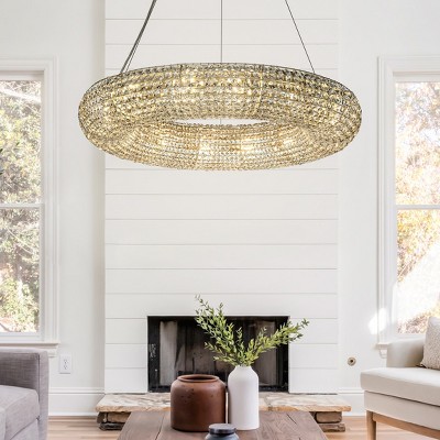 ALOADECOR Unique/Statement Soft Gold Wagon Wheel Chandelier With Crystal Beads Accents