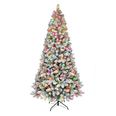 Puleo Pre-lit Flocked Virginia Pine Artificial Christmas Tree with Multicolor Lights