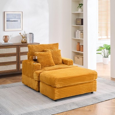 VASIP 39-inch Spring upholstered armchair and Ottoman set - comfortable single sofa with cup holder and corduroy fabric