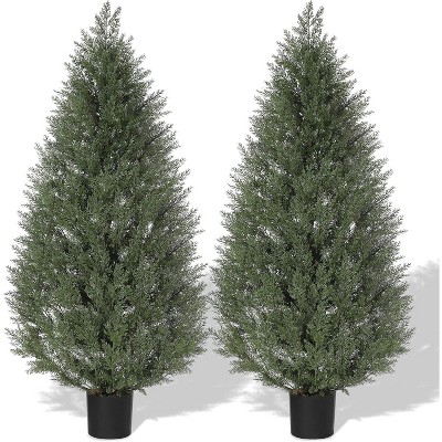 4 FT Artificial Topiary Cedar Trees, 2 PCS Artificial Plants Outdoor with Realistic Moss & Pot, UV Rated Fake Plants