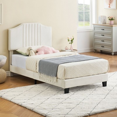 Acekool Platform Bed Frame with Bookcase Headboard & 2 Flexible Drawers, Boucle Upholstery, Quiet Metal Frame, Easy Assembly