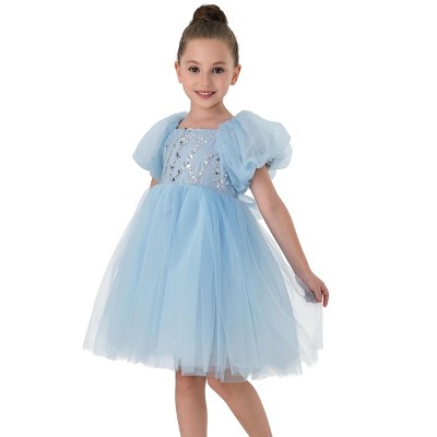 2Bunnies Girls Babydoll Sequin Bodice Tulle Bow Princess Dress Puff Sleeve