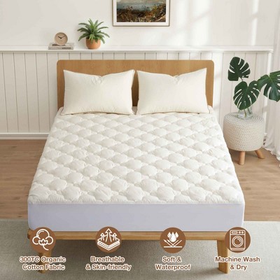 Puredown Organic Cotton Quilted Waterproof Mattress Pad, Fitted Stretchy Side Skirt Fits up to 18"