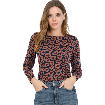 INSPIRE CHIC Women's Leopard Pattern Crew Neck 3/4 Sleeve Knit Sweatshirt Top Shirts