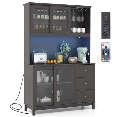 Tangkula Kitchen Pantry Storage Cabinet Kitchen Hutch w/ LED lights & Power Outlet Dark Brown