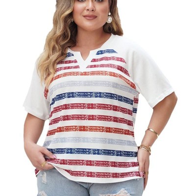 Coolmee Women Summer Plus Size Tops Casual Short Sleeve Tee Shirt V Neck Loose Fit Striped Shirt Blouses