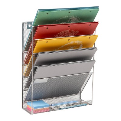 Mind Reader 5-Tier Vertical File Storage, Desktop Organizer, Wall Mount, Office, Metal Mesh, 12.75"L x 4"W x 16"H, Silver: Office Supplies