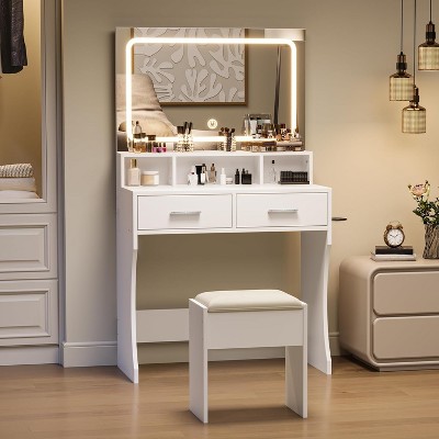 Vanity Desk w/Mirror, LED Lights, Outlet & Chair - 3 Color Modes, 2 Drawers, Adjustable Brightness