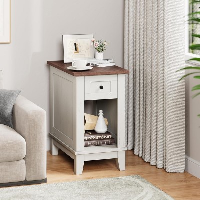 Coucheta 24'' Narrow Side Table with Charging Station, Farmhouse End Table with Drawer and Open Shelf, Small Nightstand for Bedroom or Living Room