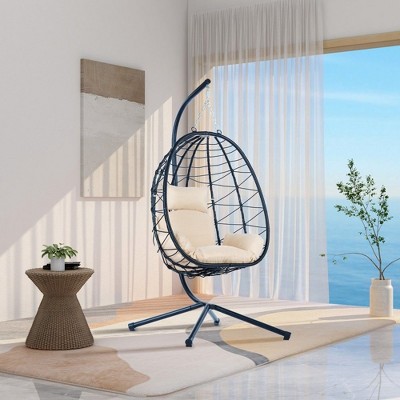 PAGED Indoor Outdoor PE Rattan Swing Chair with Cushion and Rust Resistant Frame,Egg Chair for Patio,Porch,Garden