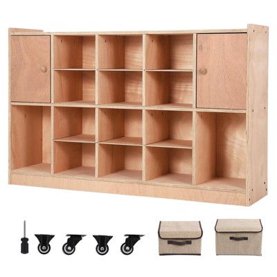 Cubby Tray Storage Cabinet with 2 Doors, Storage Organizer Cubes with 2 Anti-Flip Fittings, 4 Castors and 2 Boxes