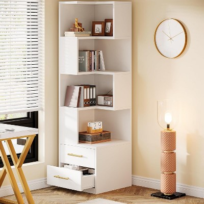 Tribesigns 5-Tier Corner Bookshelf with 2 Drawers, 66.93-Inch Tall Bookcase Shelf, Modern Corner Storage Cabinet Display Rack Shelf