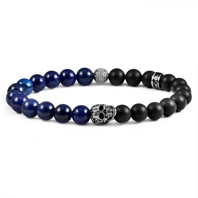 Crucible Men's Skull with Lapis Lazuli and Matte Onyx Stone Beads Stretch Bracelet (8mm)