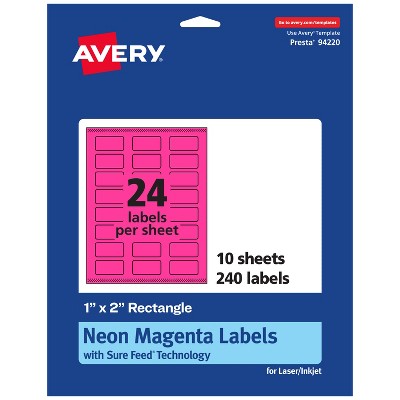 Avery Neon Magenta Paper Labels, 1" x 2" Rectangle