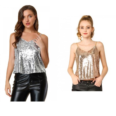 Allegra K Women's Sequined Shining Adjustable Straps Party Sparkle Cami Top 2 Packs