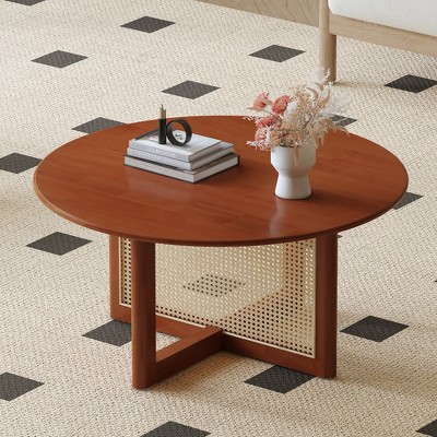 33.5" Solid Wood and Artificial Rattan Coffee Table with Deep Red Finish for Living Room and Tea Time