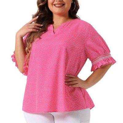 Women's Plus Size Polka Dots Notched Neck Smocked Short Sleeve Ruffled Cuff Casual Blouses - Agnes Orinda