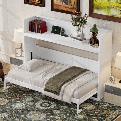 Twin XL Size Murphy Bed Wall Bed Frame, Wood Cabinet Bed with Built-in Desk, LED Light and USB Charging Station, White -ModernLuxe