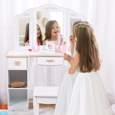 Kids Vanity with Tri-Fold Mirror, Little Girls Vanity Table & Stool, Kids Makeup with Drawer & Open Shelves for 3-9 Yrs Girls