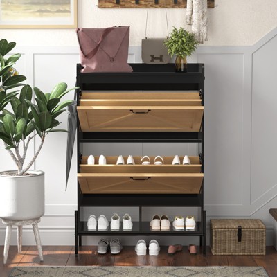 CuisinSmart Farmhouse Shoe Storage Cabinet with Metal Legs, Narrow Hidden Shoe Rack with 2 Flip Drawers, Shoe Organizer for Entryway, Black +Wood