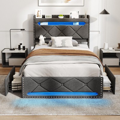 Bed Frame with 4 Drawers and Storage Headboard, Upholstered Platform Bed