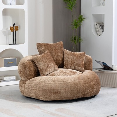 Sapphtopaz Round Lazy Sofa Couches for Living Room Chenille Upholstered Bean Bag Sofa with High Back & 3 Pillows Lounger for Adults&Kids,Bedroom
