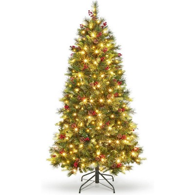 Acekool 6FT Christmas Tree, Pre-lit Norway Spruce Pencil Tree with 250 Warm Lights, Pine Cones, Berries, Auto Hinge, Green, Metal Stand