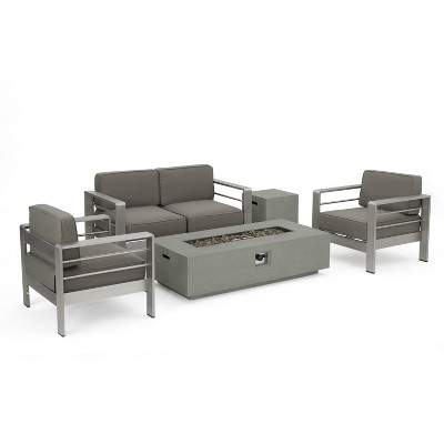 Cape Coral 5pc Aluminum and MGO Seating Set with Fire Table Gray - Christopher Knight Home: Outdoor Chat Set with Propane Fire Pit