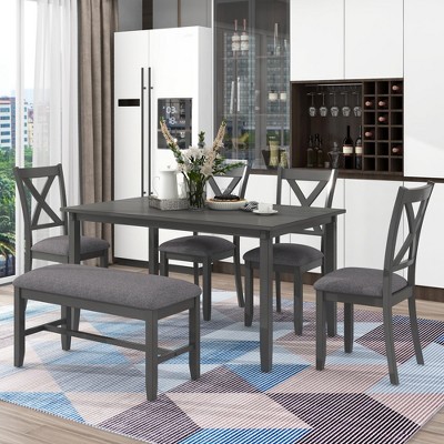 Farmhouse 6 Pieces Dining Set with Bench for 6, Wooden Rectangle Table and 4 Upholstered Chairs