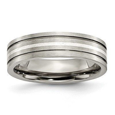 Chisel Titanium Brushed with Sterling Silver Inlay 6mm Grooved Band Ring