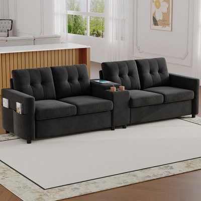 GustoWave 115" Brown Faux Leather 4-Seat Sectional Sofa with Middle Table, Cup Holders, Deep Cushions & Side Organizer, Ideal Couch