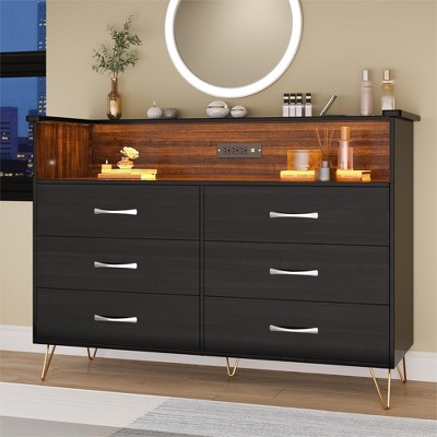Modern Black 6-Drawer Dressers & TV Stand: LED Lighted Wooden Storage Cabinet with Stylish Open Shelves & Charging Station for Bedroom & Living Room